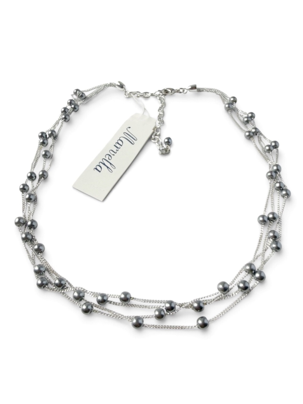 Vintage Marvella Gray Faux Pearl Multi Strand Chain Collar Necklace Silver tone